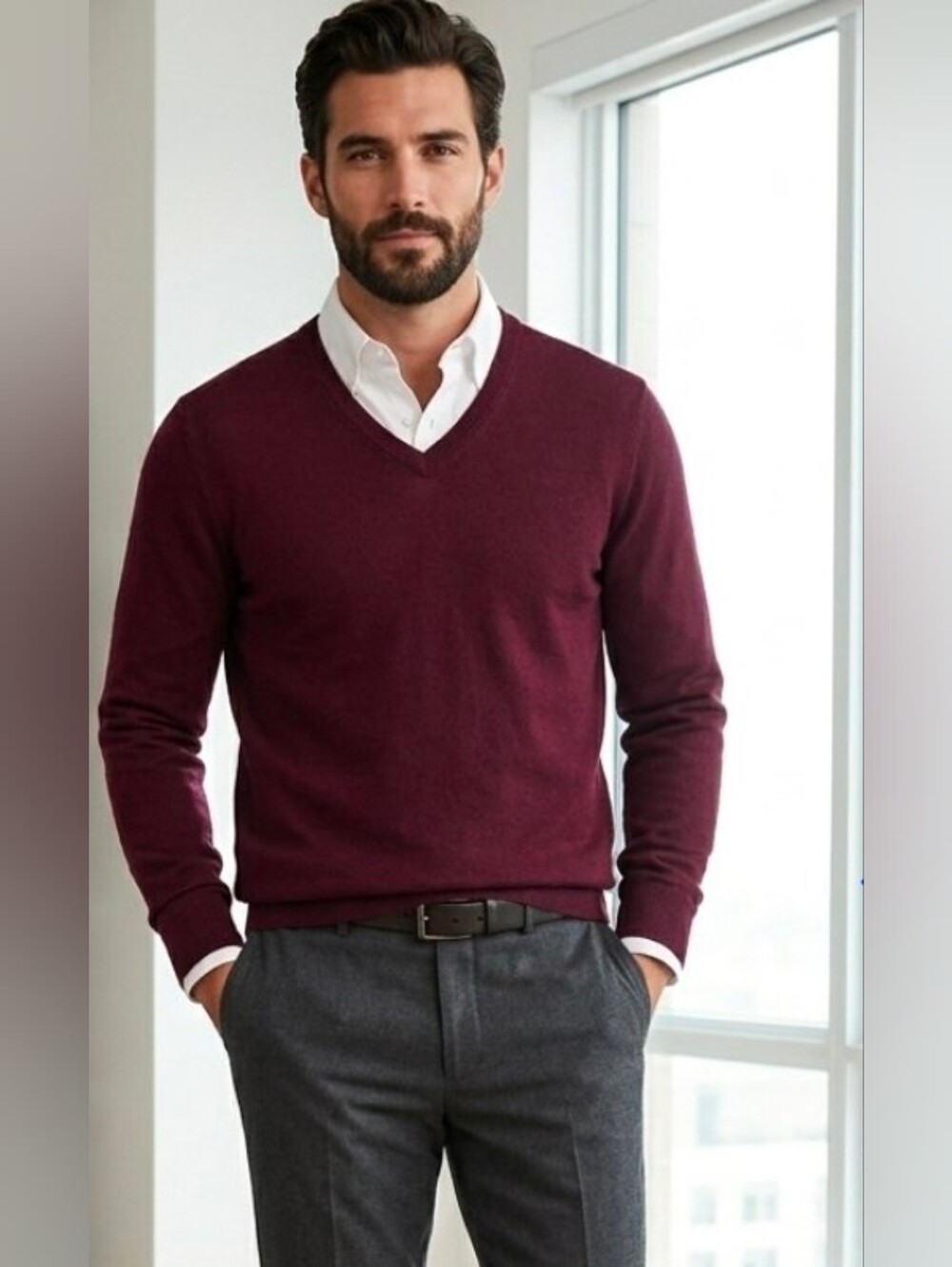 Banana Republic Men's 100% Extra Fine Merino Wool V-Neck Sweater Burgundy Small